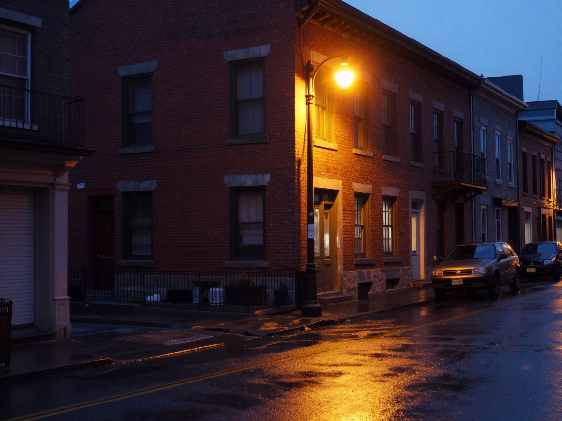 Predawn Montreal Street Scene with Brick Architecture and Wet Pavement Reflections in in Montreal, Quebec, Canada