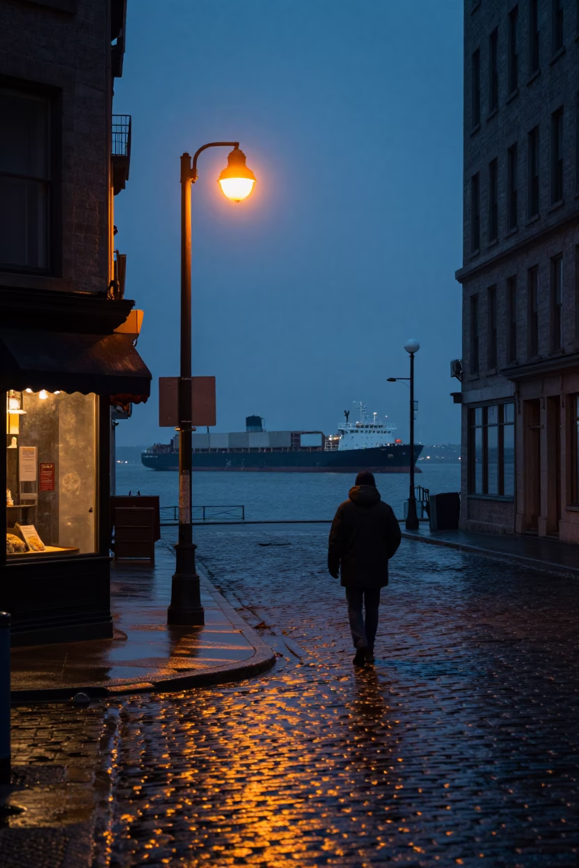 Predawn Montreal Street Scene with Cargo Ship Horizon and Urban Details in in Montreal, Quebec, Canada