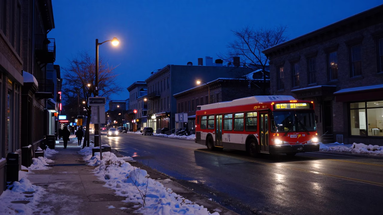 Predawn Montreal Street Scene with Classic Red Bus and Wet Asphalt Reflections in in Montreal, Quebec, Canada