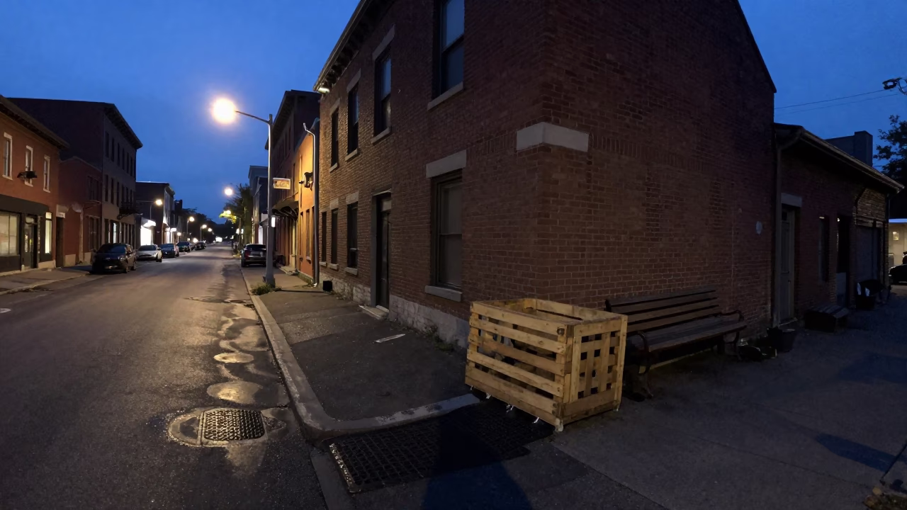 Predawn Montreal Street Scene with Crate and Bench Scraper in Quebec City in in Montreal, Quebec, Canada