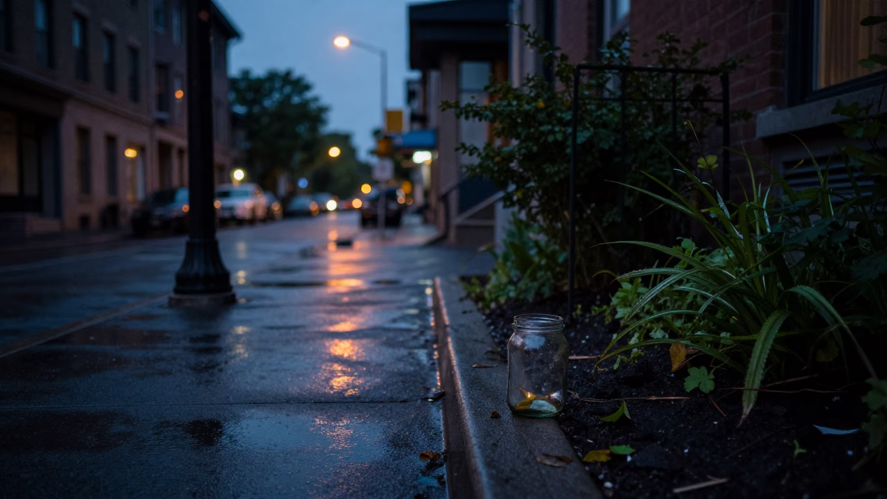 Predawn Montreal Street Scene with Glass Jar and Garden Rake in Urban Setting in in Montreal, Quebec, Canada