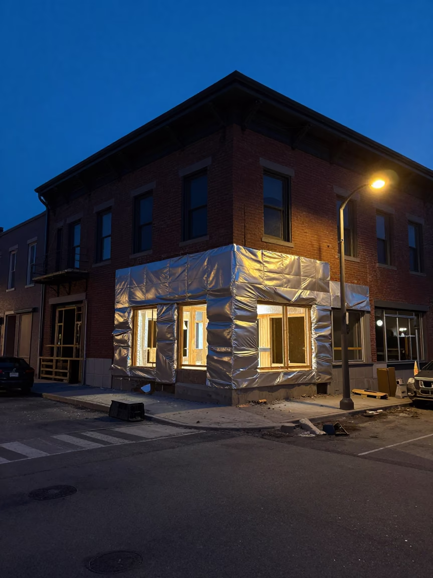 Predawn Montreal Street Scene with Insulation Stack in Half-Finished Commercial Interior in in Montreal, Quebec, Canada