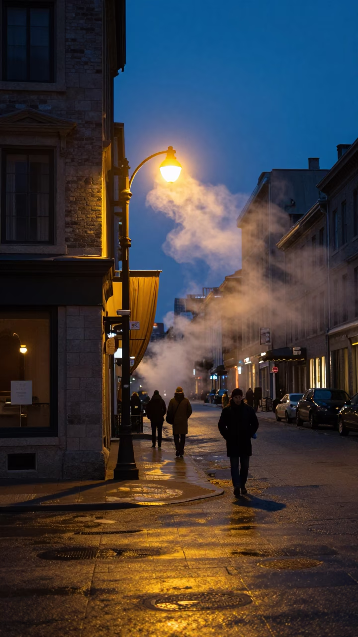 Predawn Montreal Street Scene with Lifting Curtain and Steam in Winter Darkness in in Montreal, Quebec, Canada
