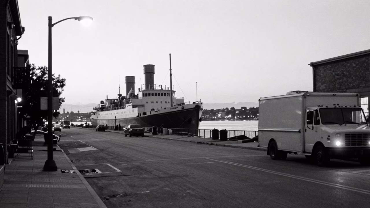 Predawn Montreal Street Scene with Steamship in Harbor and Rake Heads in in Montreal, Quebec, Canada