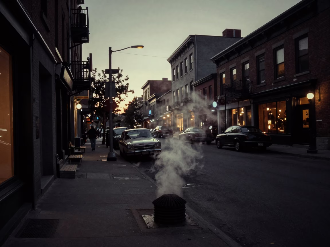 Predawn Montreal Street Scene with Vintage 1950s Aesthetic and Urban Details in in Montreal, Quebec, Canada