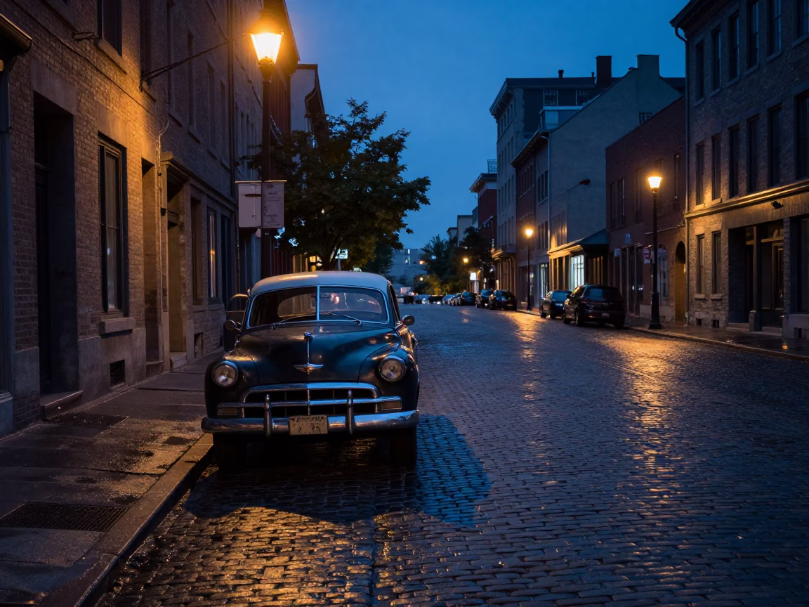 Predawn Montreal Street Scene with Vintage Car and Empty Chair in in Montreal, Quebec, Canada