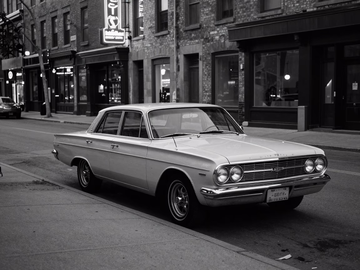 Predawn Montreal Street Scene with Vintage Sedan and Neon Reflections in in Montreal, Quebec, Canada