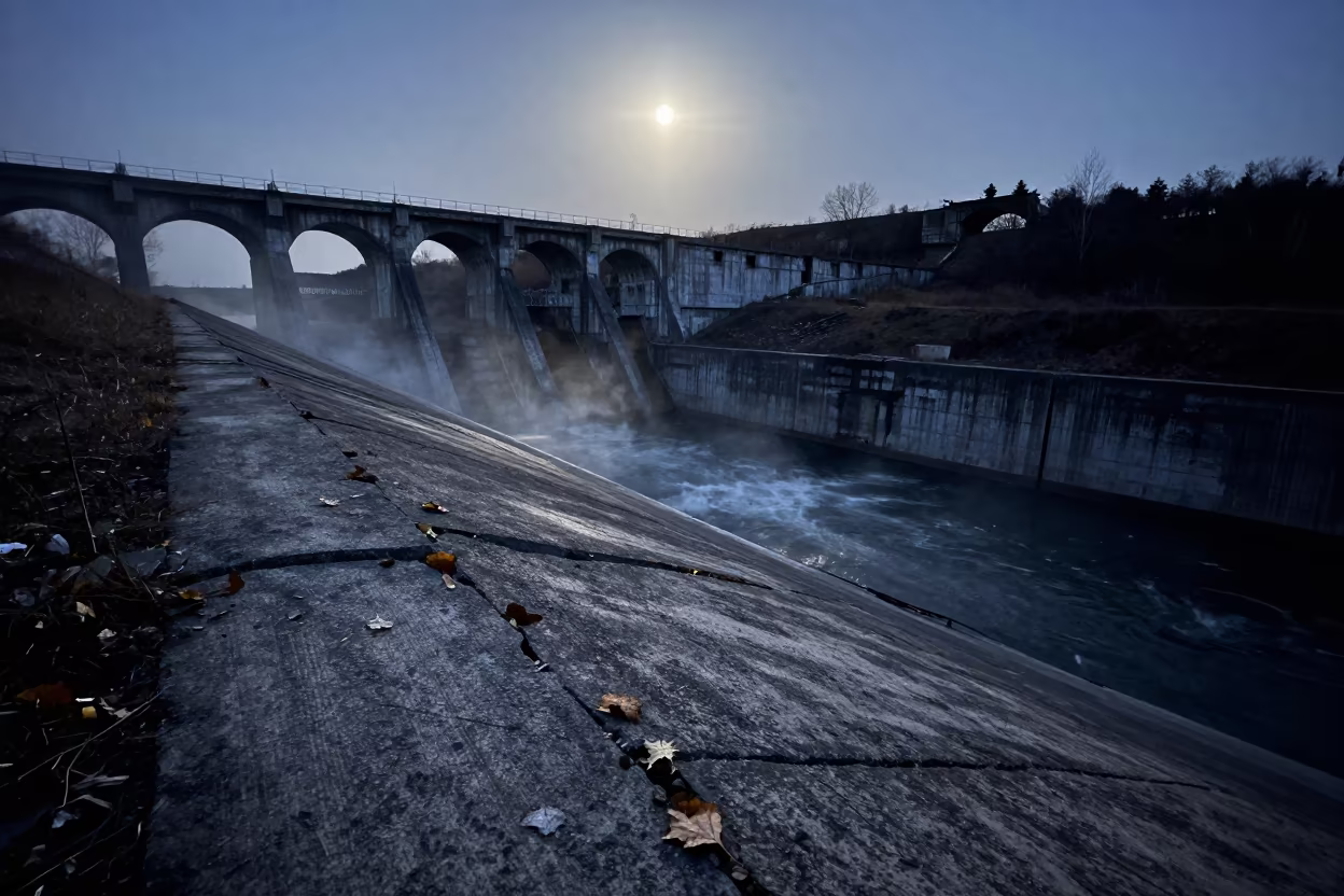 Predawn Moonlight on Abandoned Dam Spillway in along a dam spillway near Timisoara