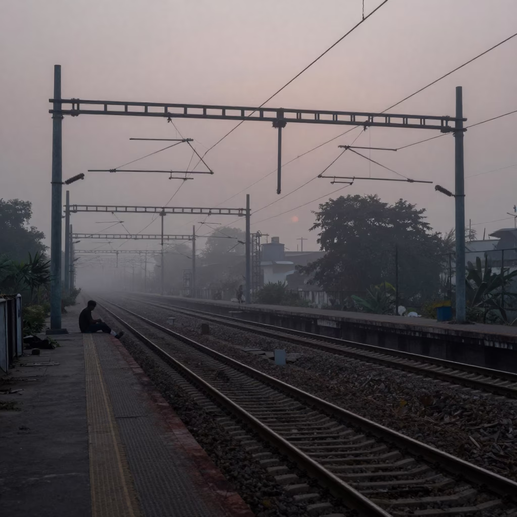 Predawn Mumbai Railway Catenary System in Industrial Fog with Paperbacks on Platform in in Mumbai, India