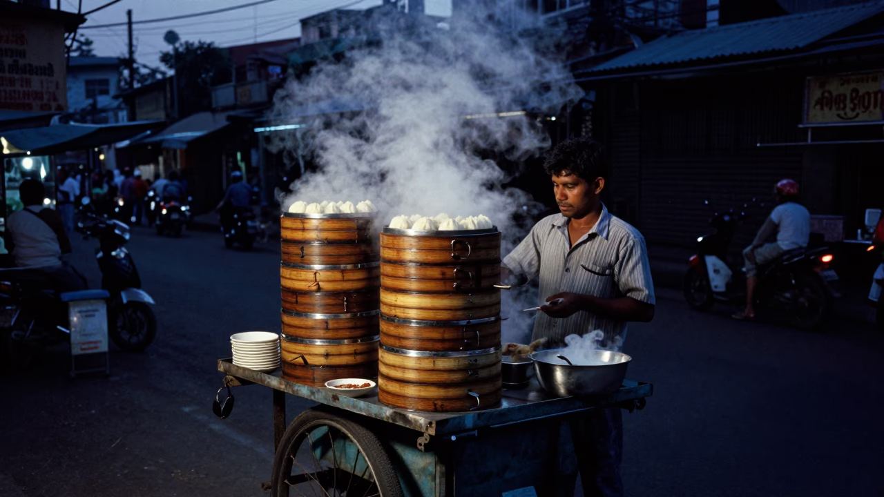 Predawn Mumbai Street Food Vendor Selling Dim Sum Steamers in Darkness in in Mumbai, India