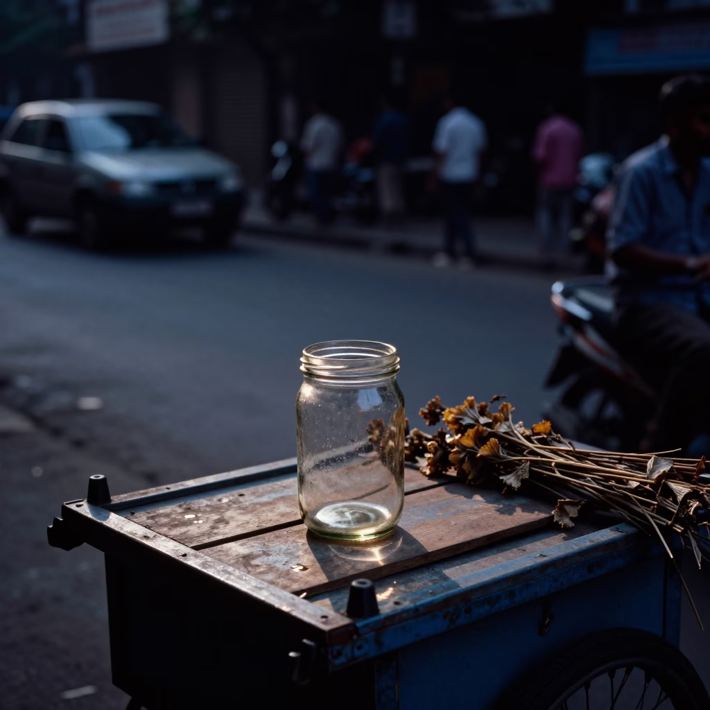 Predawn Mumbai Street Scene with Glass Jar and Dried Flowers on Cart in in Mumbai, India