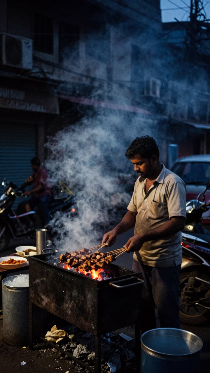 Predawn Mumbai Street Scene with Grilling Kebabs and Morning Tea Stains in in Mumbai, India
