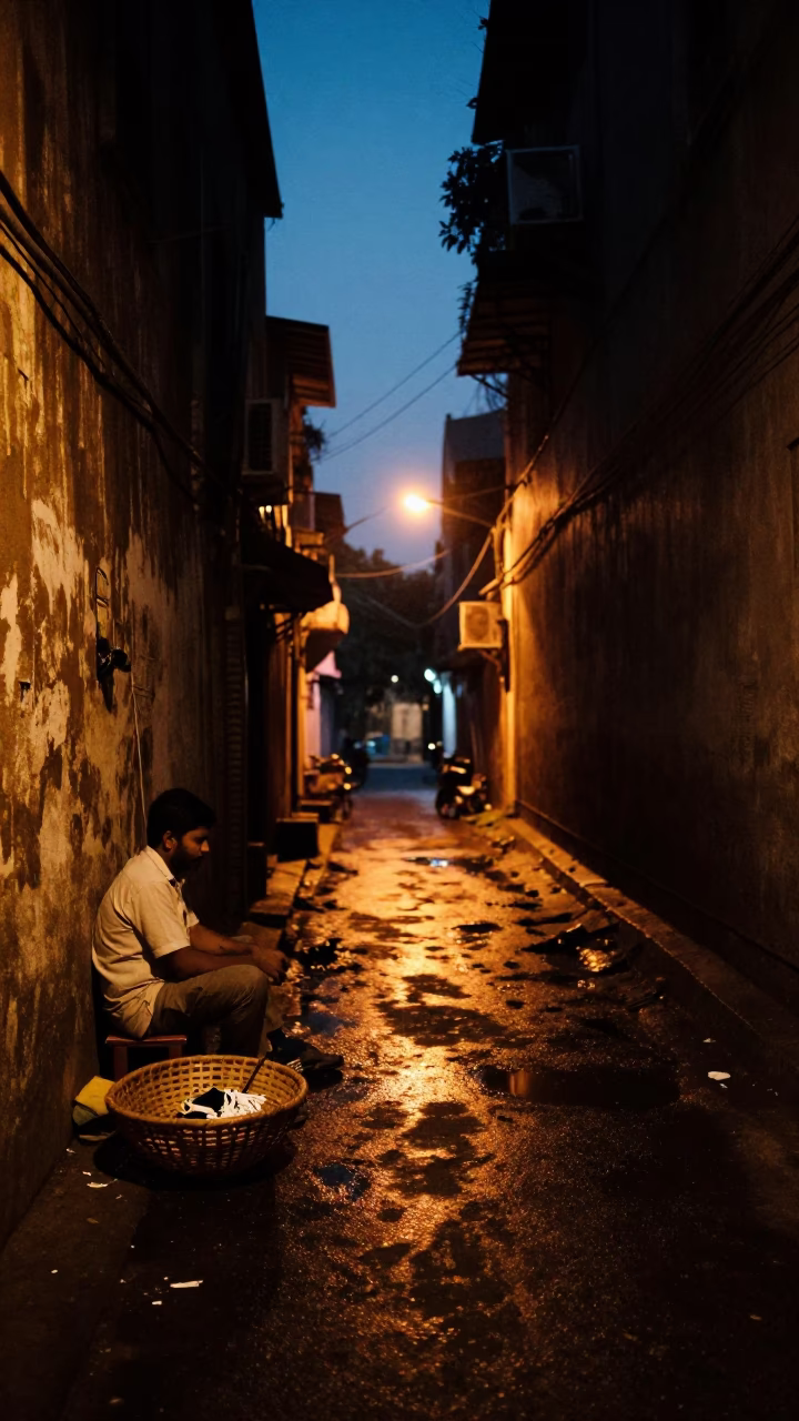 Predawn Mumbai Street Scene with Mending Basket and Wall Hook in Historic Neighborhood in in Mumbai, India