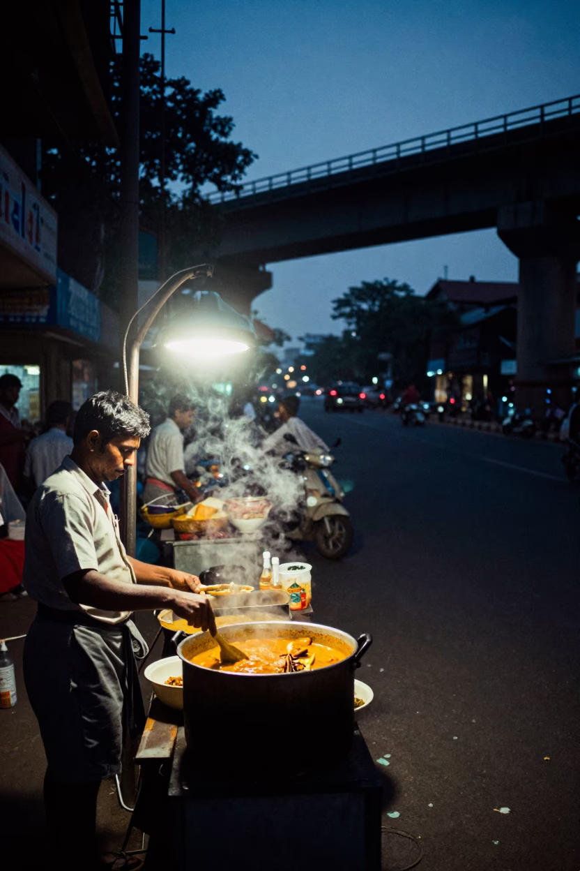 Predawn Mumbai Street Scene with Railway Viaduct and Bubbling Curry Stall in in Mumbai, India
