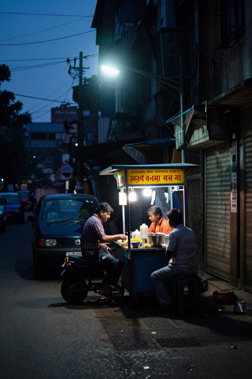 Predawn Mumbai Street Scene with Tea Stall and Auto Rickshaws in India in in Mumbai, India