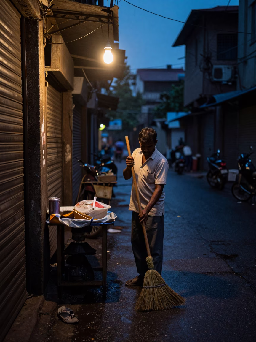 Predawn Mumbai Street Vendor Cleaning Scene with Broom and Door Handle in in Mumbai, India