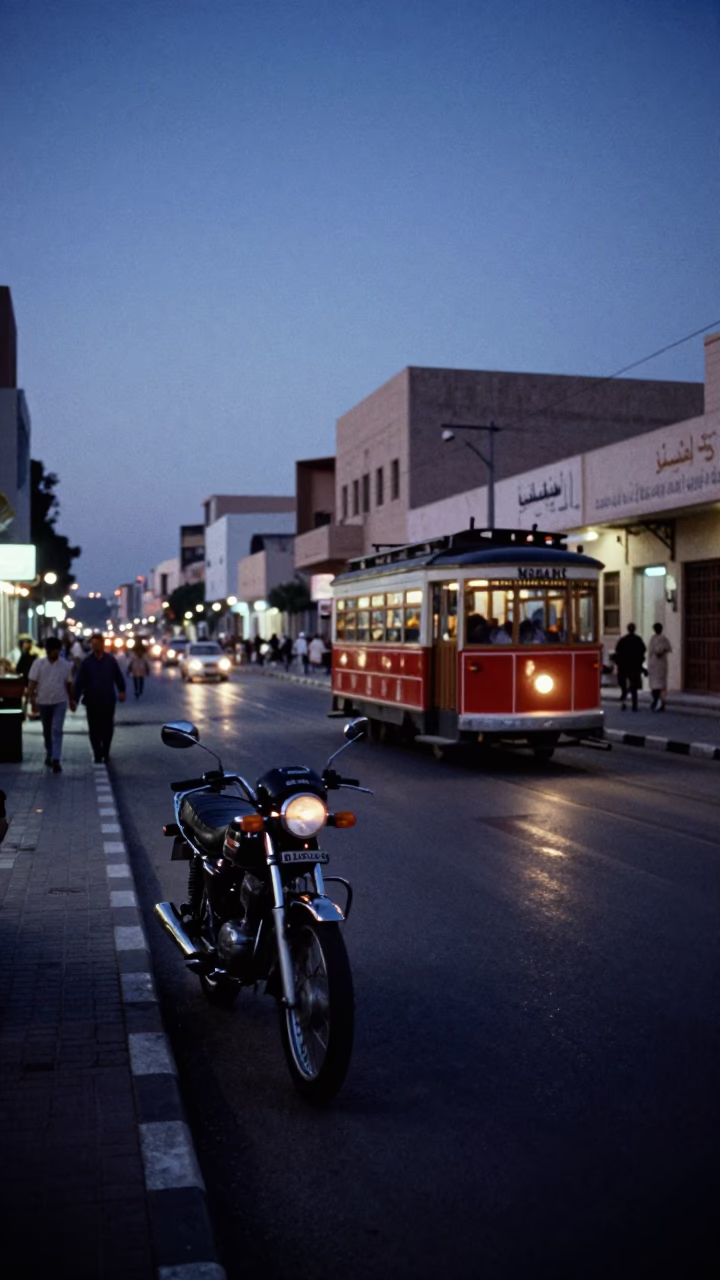 Predawn Muscat Oman Street Scene with Motorcycle and Trolley in 1980s Style in in Muscat, Oman