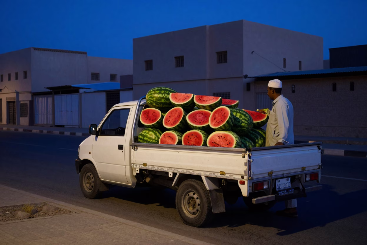 Predawn Muscat Oman street scene with watermelon truck and local market activity in in Muscat, Oman