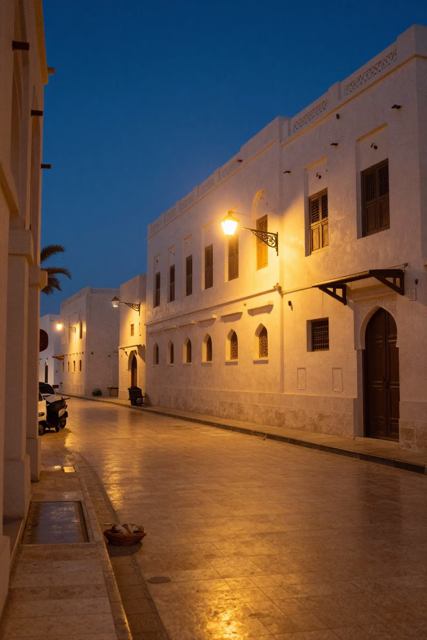 Predawn Muscat Street Scene with Bread Basket and Local Interaction in in Muscat, Oman