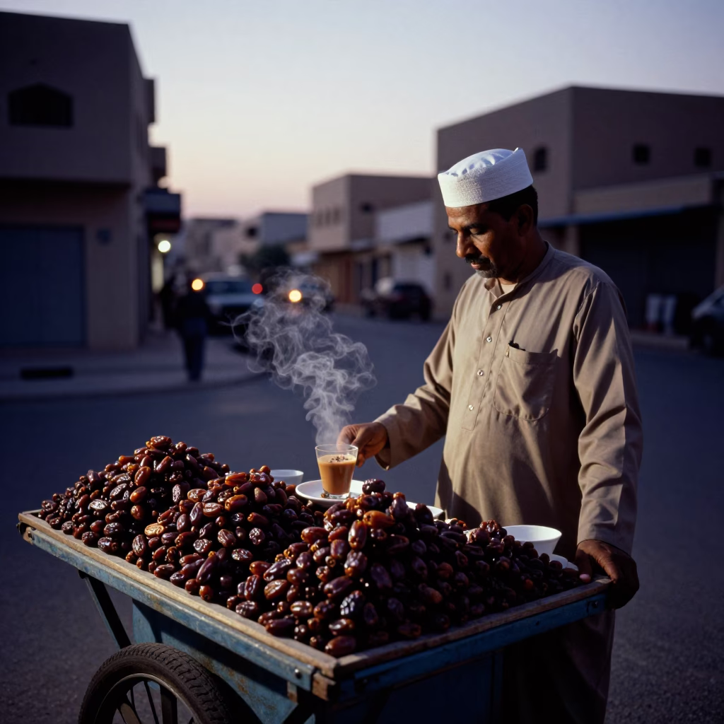 Predawn Muscat Street Scene with Chai and Dates in Oman in in Muscat, Oman