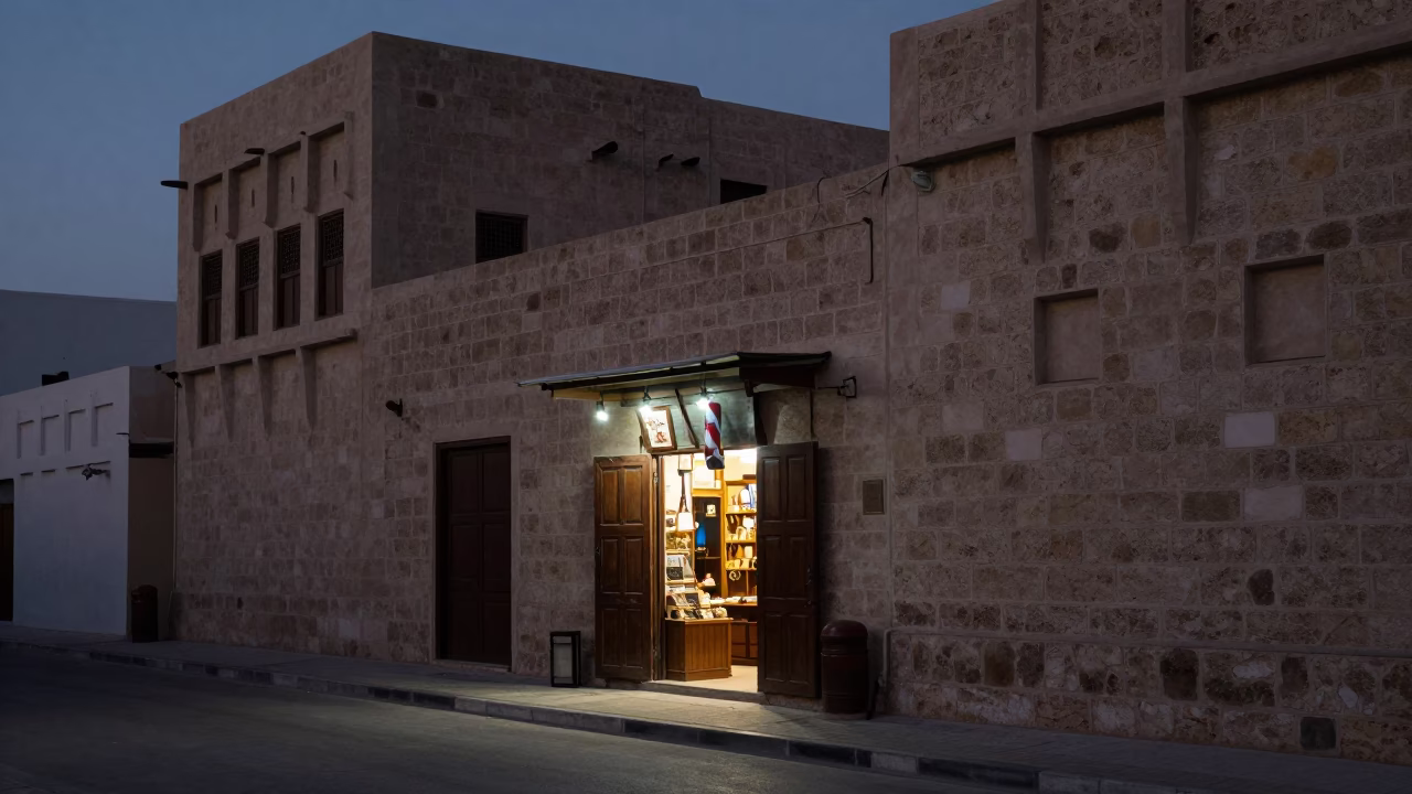 Predawn Muscat Street Scene with Dimly Lit Shop Interior and Early Morning Activity in in Muscat, Oman
