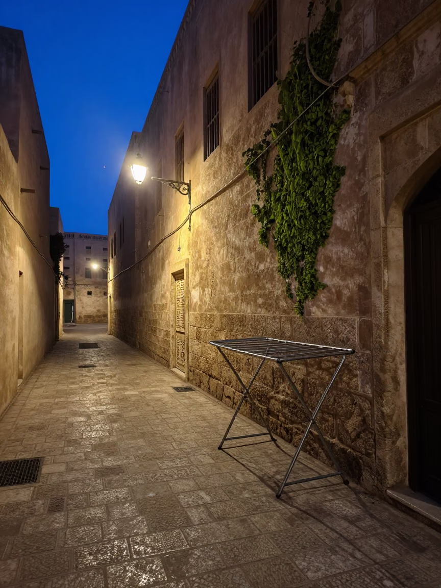 Predawn Muscat Street Scene with Drying Rack and Mossy Stone Wall in in Muscat, Oman