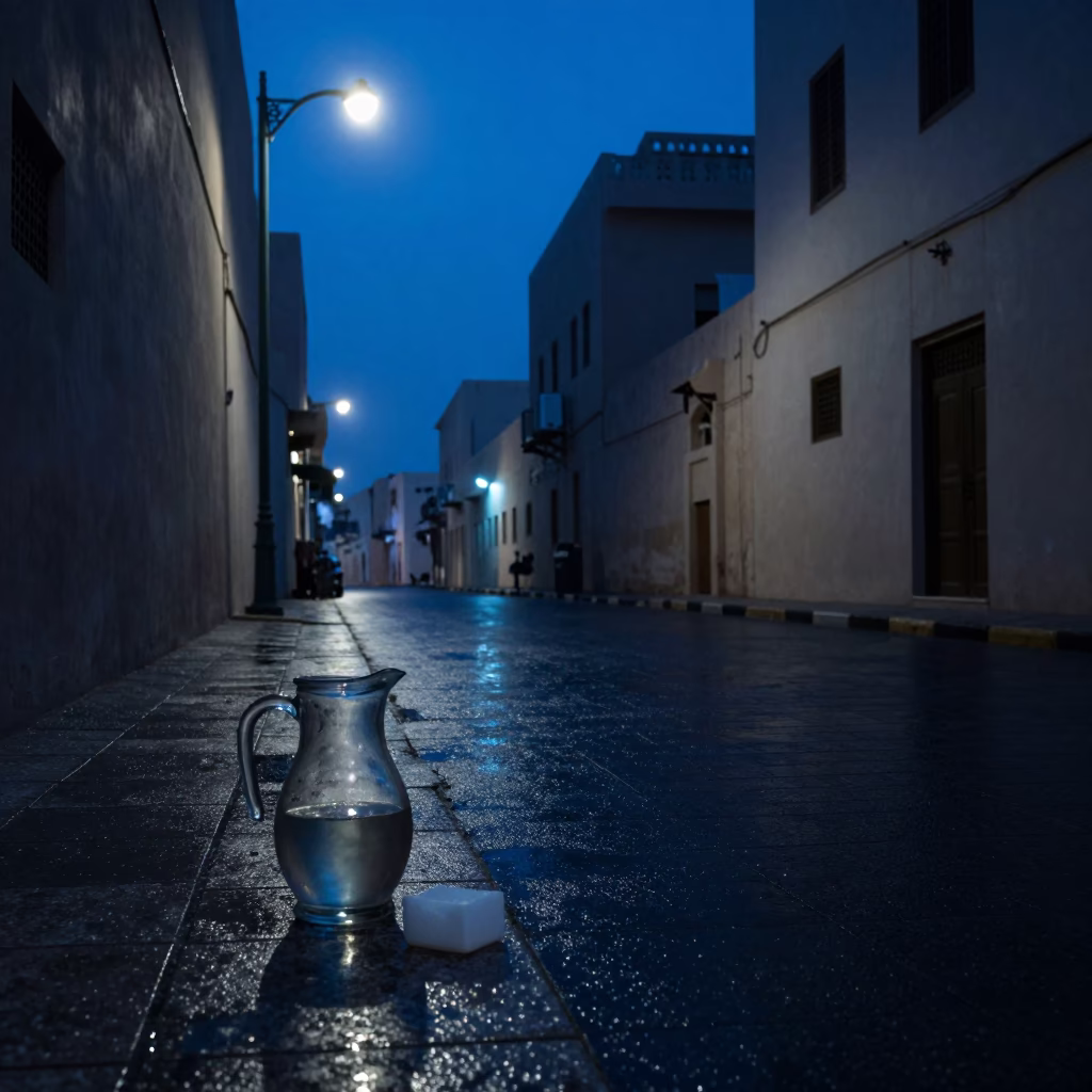 Predawn Muscat Street Scene with Glass Pitcher and Soap Residue on Pot Lid in in Muscat, Oman