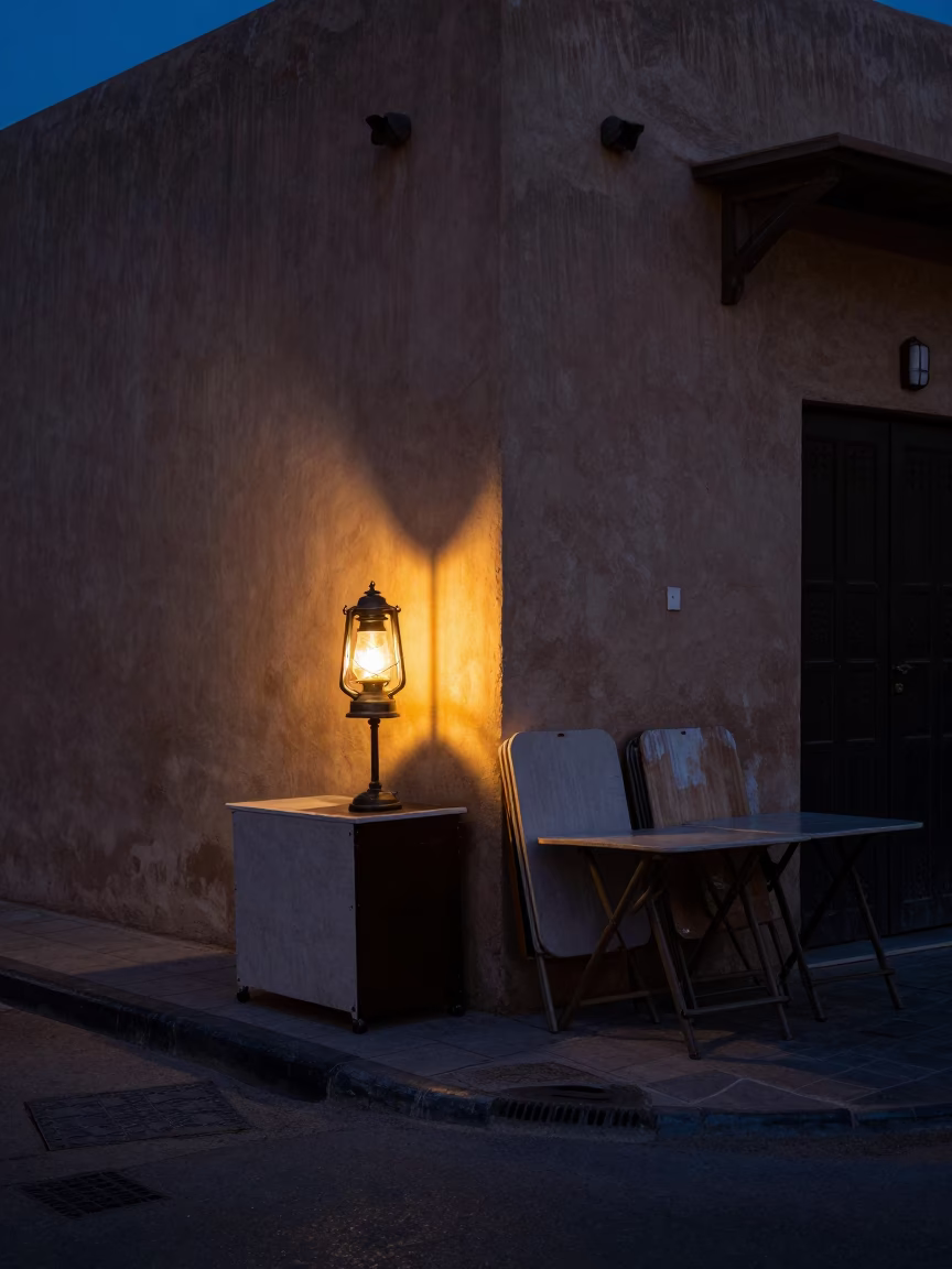 Predawn Muscat Street Scene with Hurricane Lamp and Folding Tables in in Muscat, Oman