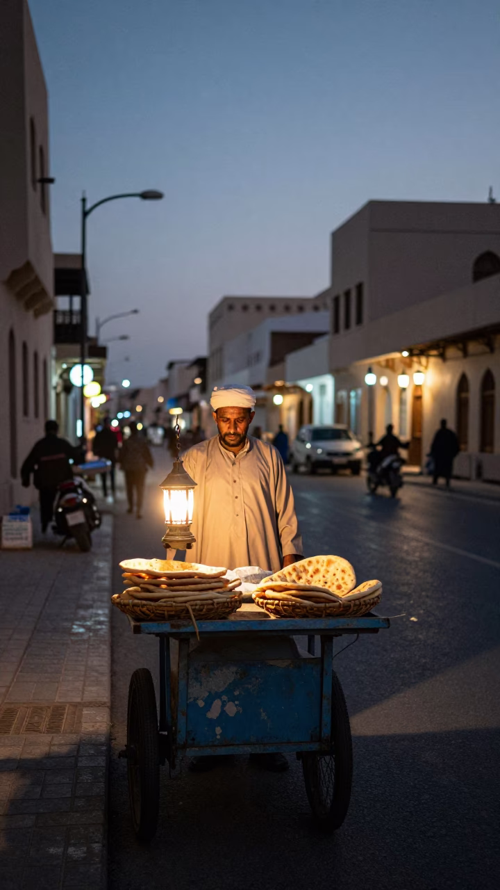 Predawn Muscat Street Scene with Lantern and Local Commerce in in Muscat, Oman