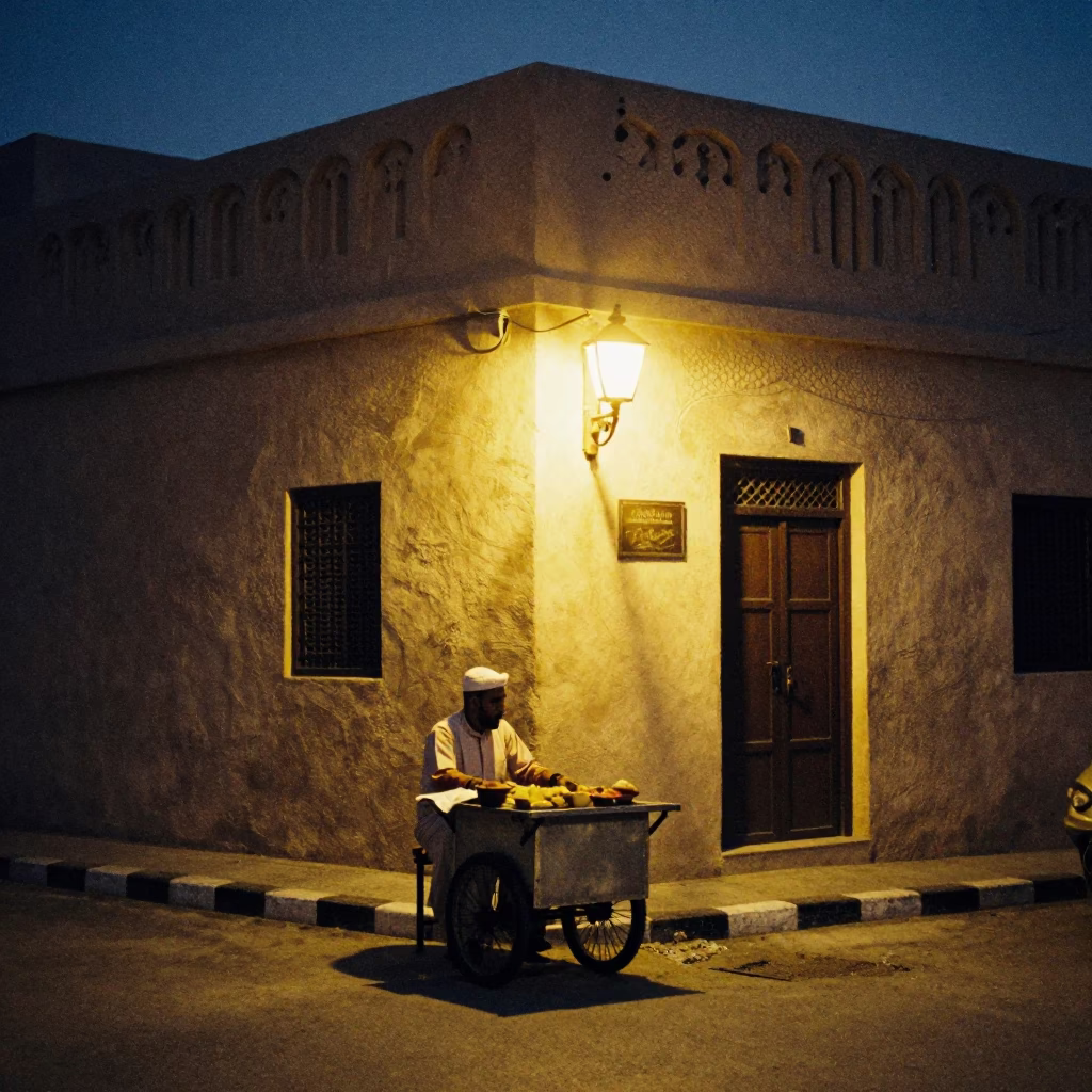 Predawn Muscat Street Scene with Local Vendor and Vintage Details in in Muscat, Oman