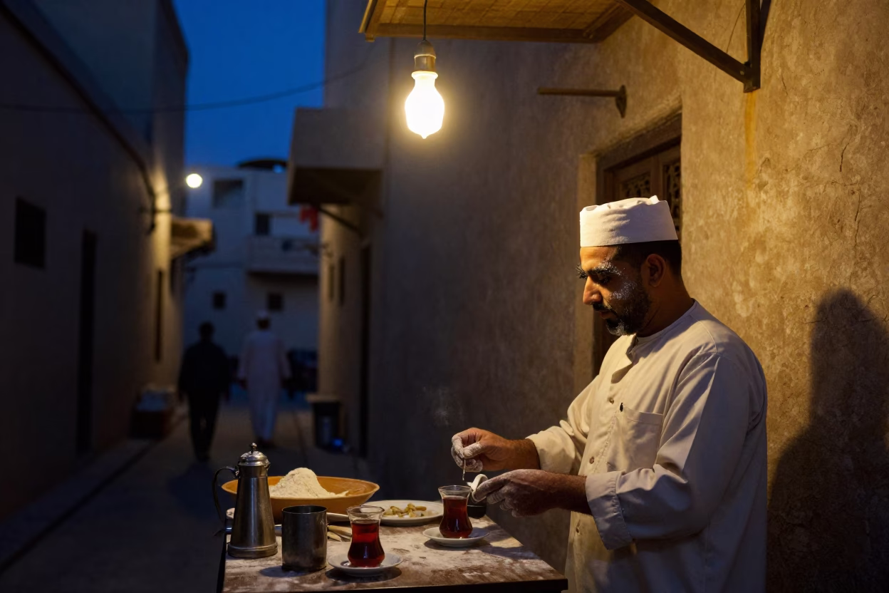 Predawn Muscat Street Scene with Night-Shift Baker and Tea Strainer in in Muscat, Oman