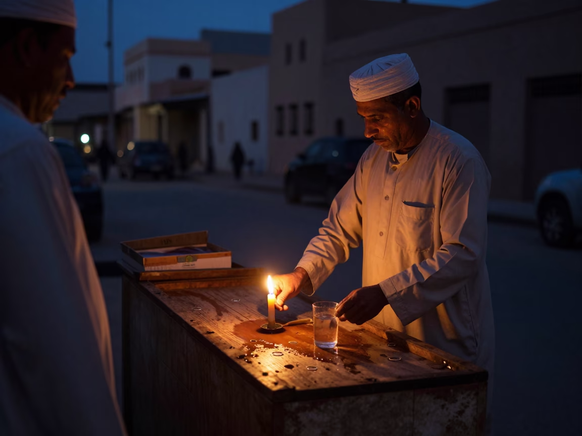 Predawn Muscat Street Scene with Taper Candle and Water Rings on Countertop in in Muscat, Oman