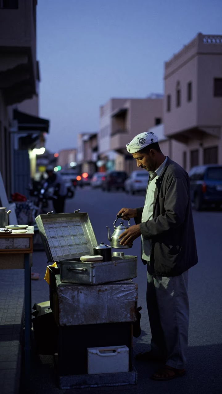 Predawn Muscat Street Scene with Toolbox and Tea Kettle in in Muscat, Oman