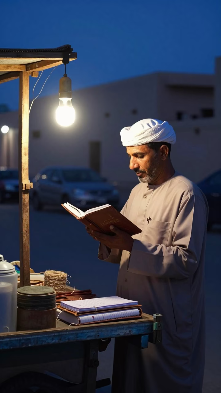 Predawn Muscat Street Vendor Preparation with Ledger and Twine in Dim Light in in Muscat, Oman