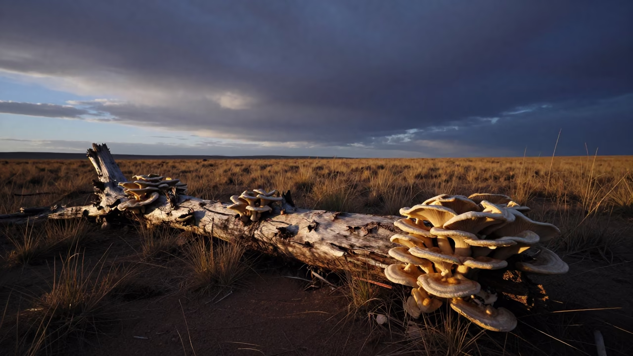 Predawn Mushrooms on Rotting Log in Gobi Desert in in a bloom-heavy meadow in the Gobi Desert