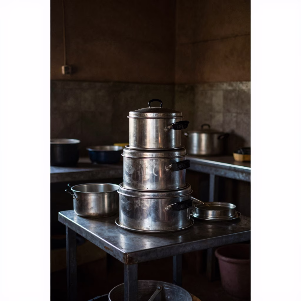 Predawn Nairobi Kitchen Interior with Cooking Pots and Tiffin Tin in in Nairobi, Kenya
