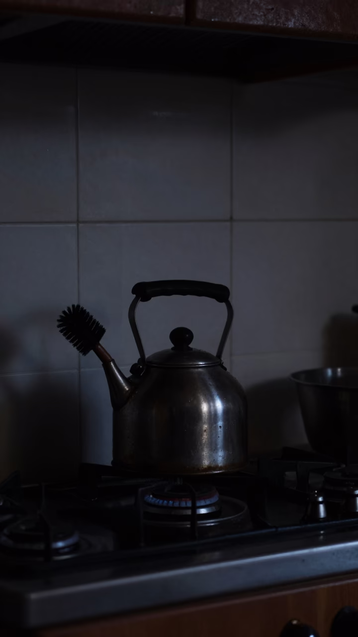 Predawn Nairobi Kitchen Scene with Kettle and Dish Brushes in Dark Interior in in Nairobi, Kenya
