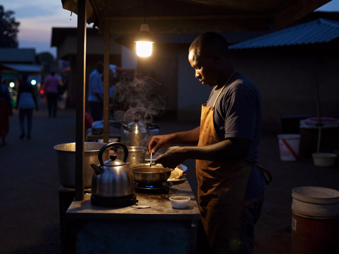 Predawn Nairobi Kitchen Street Vendor Prep with Electric Kettle and Stacked Plates in in Nairobi, Kenya