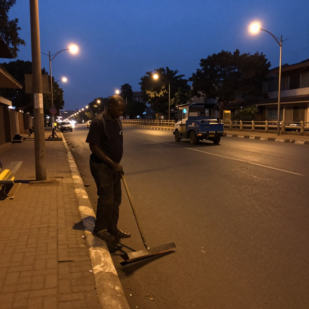 Predawn Nairobi Street Scene with Bench Scraper and Bridge Maintenance Cage in Crosswind in in Nairobi, Kenya