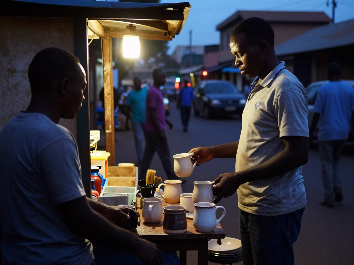 Predawn Nairobi Street Scene with Ceramic Mugs and Brushed Steel Tile Details in in Nairobi, Kenya