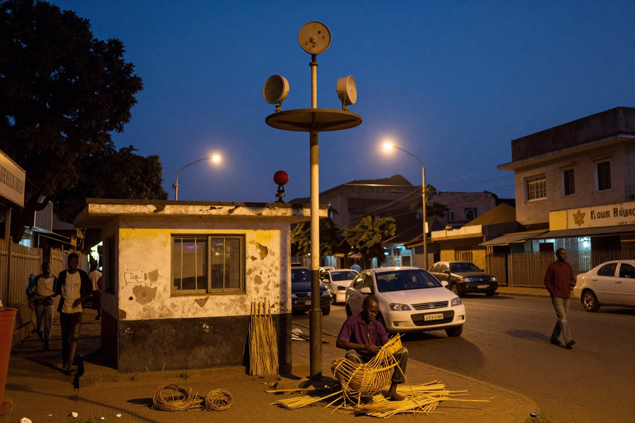 Predawn Nairobi Street Scene with Crumbling Weather Station and Local Market Activity in in Nairobi, Kenya