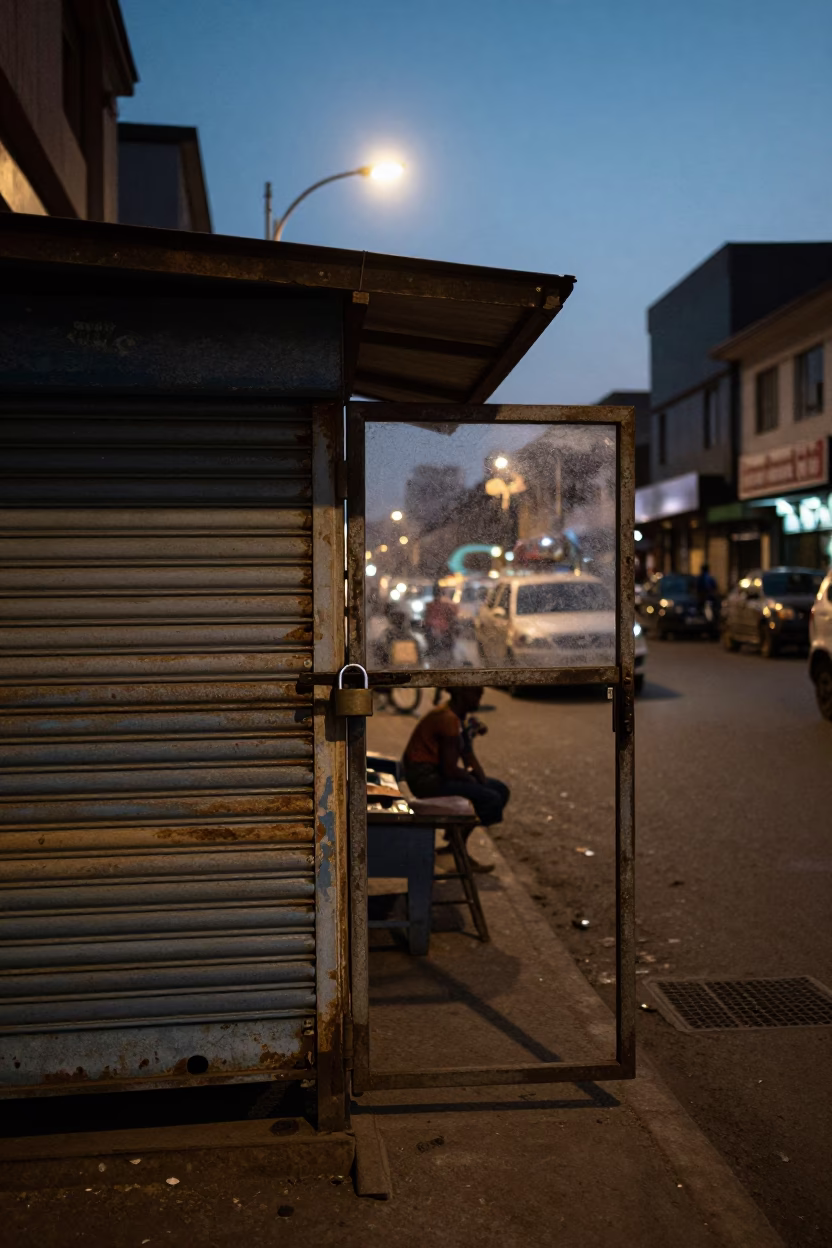 Predawn Nairobi Street Scene with Padlock and Smudged Glass in Kenya in in Nairobi, Kenya