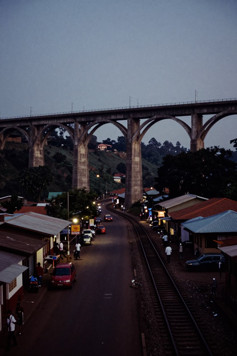 Predawn Nairobi Street Scene with Railway Viaduct and Local Commuters in Kenya in in Nairobi, Kenya
