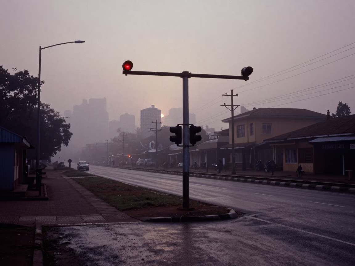 Predawn Nairobi Street Scene with Signal Gantry and Rail Lines in Mist in in Nairobi, Kenya