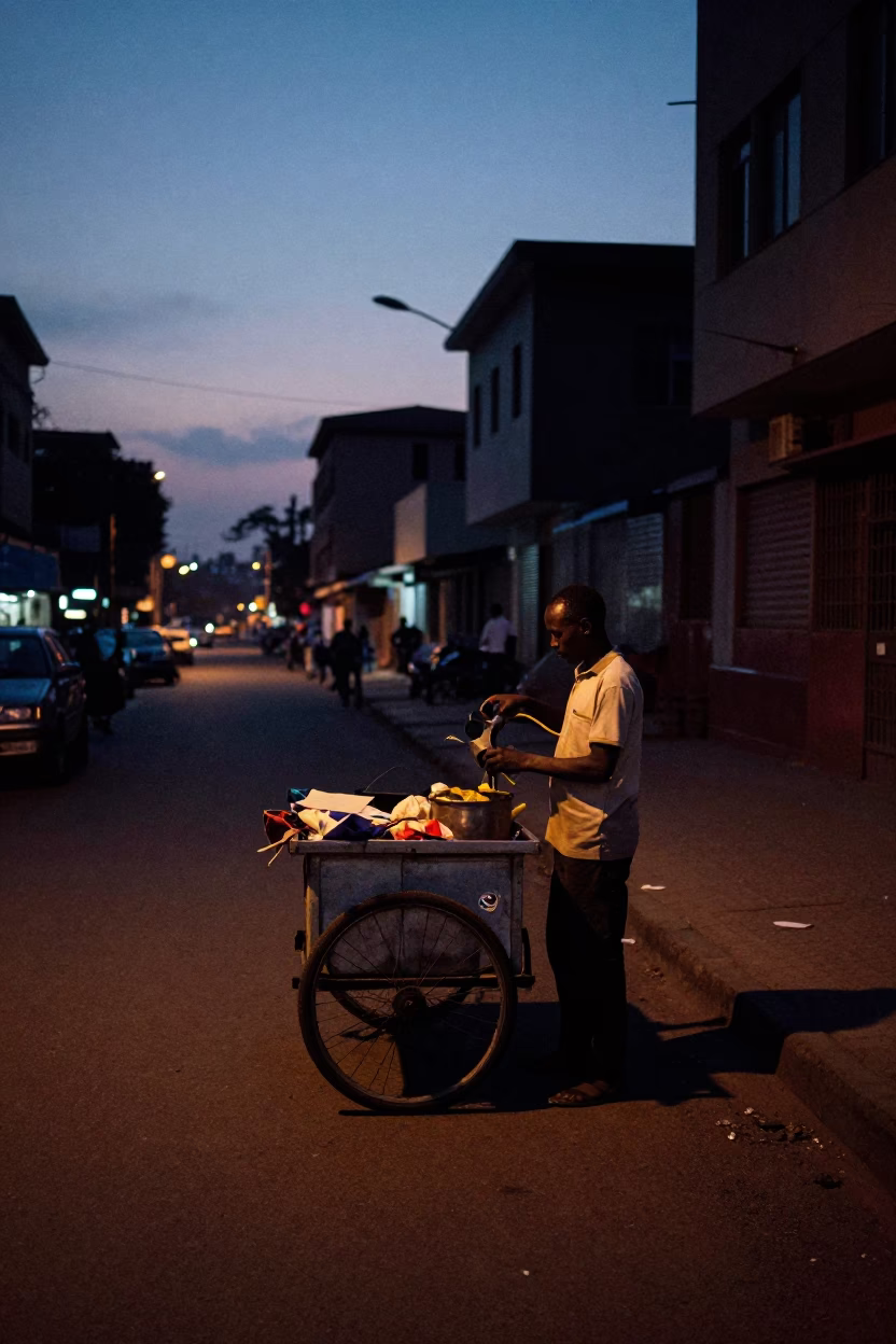 Predawn Nairobi street scene with street vendor and adjustable spanner in darkness in in Nairobi, Kenya