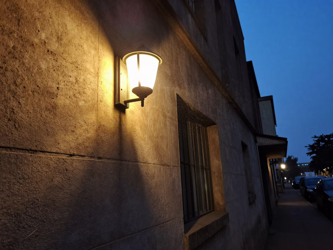 Predawn Nairobi Street Scene with Wall Sconce and Pollen on Lamp Base in in Nairobi, Kenya