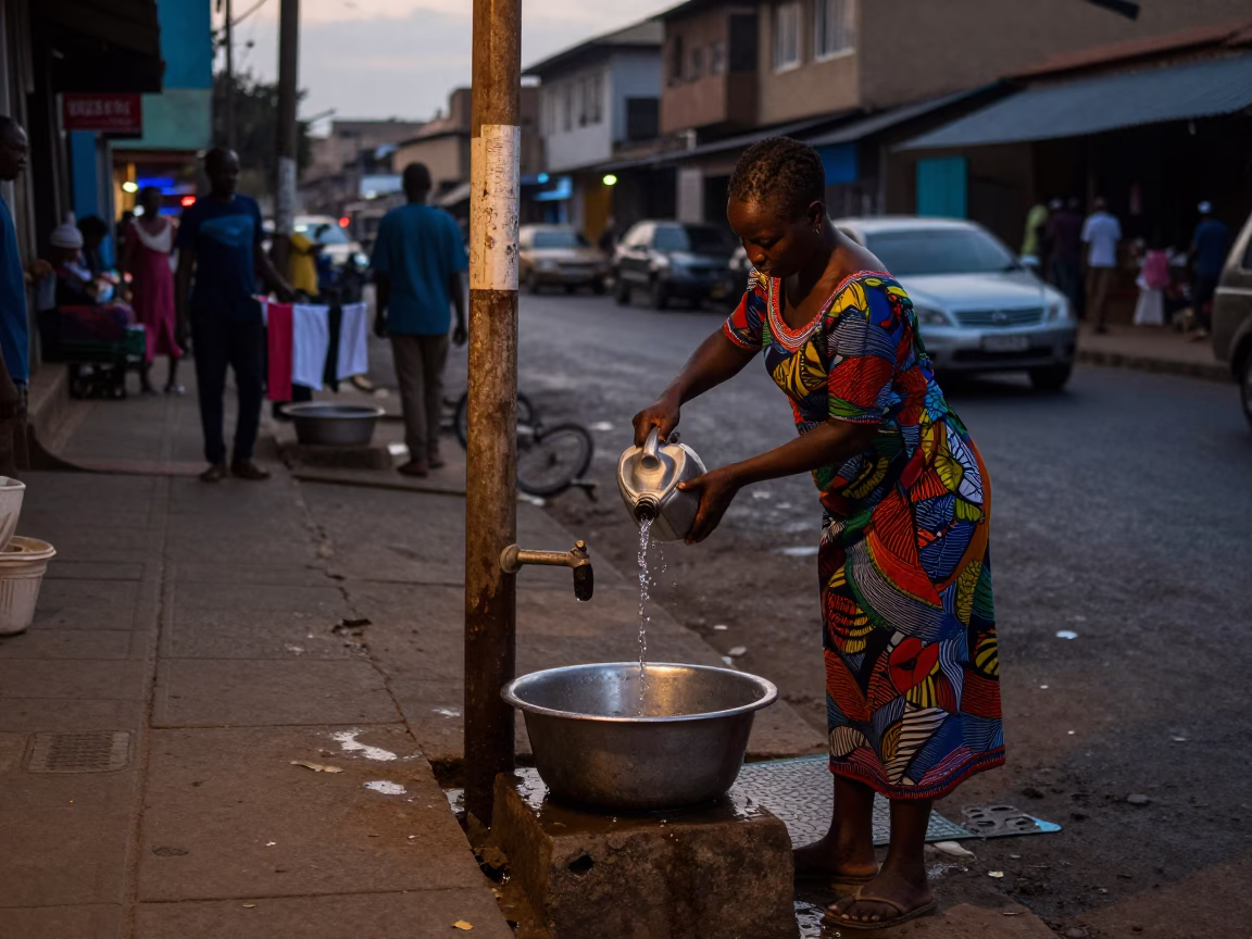 Predawn Nairobi street scene with wash basin and laundry activity in Kenya in in Nairobi, Kenya