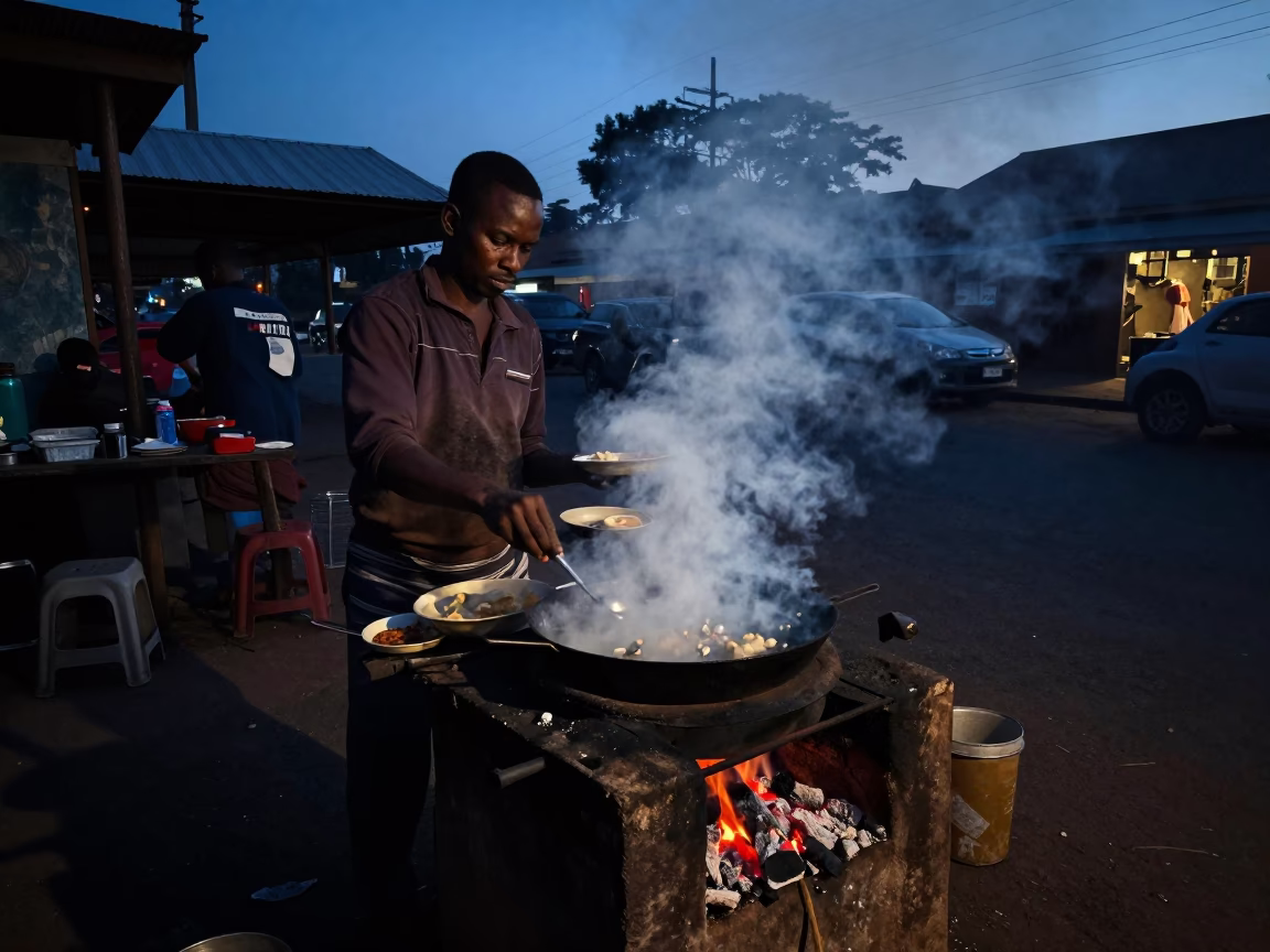 Predawn Nairobi Street Vendor Cooking Breakfast on Charcoal Stove with Steam Rising in in Nairobi, Kenya