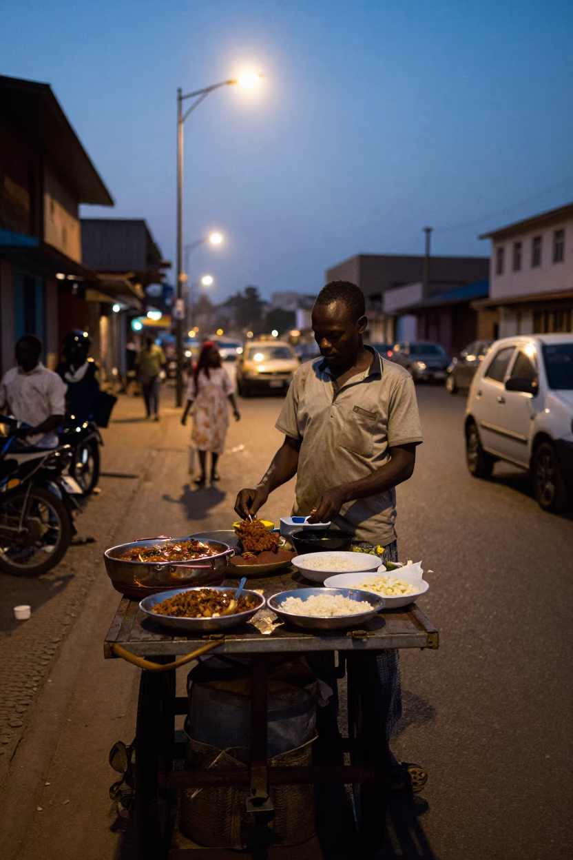 Predawn Nairobi Street Vendor Selling Injera and Stews in Early Morning Darkness in in Nairobi, Kenya