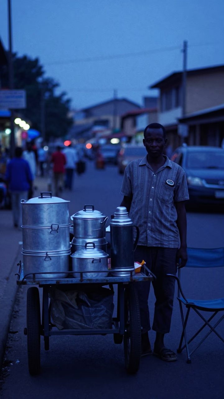 Predawn Nairobi Street Vendor with Rolling Cart and Folding Chair in in Nairobi, Kenya